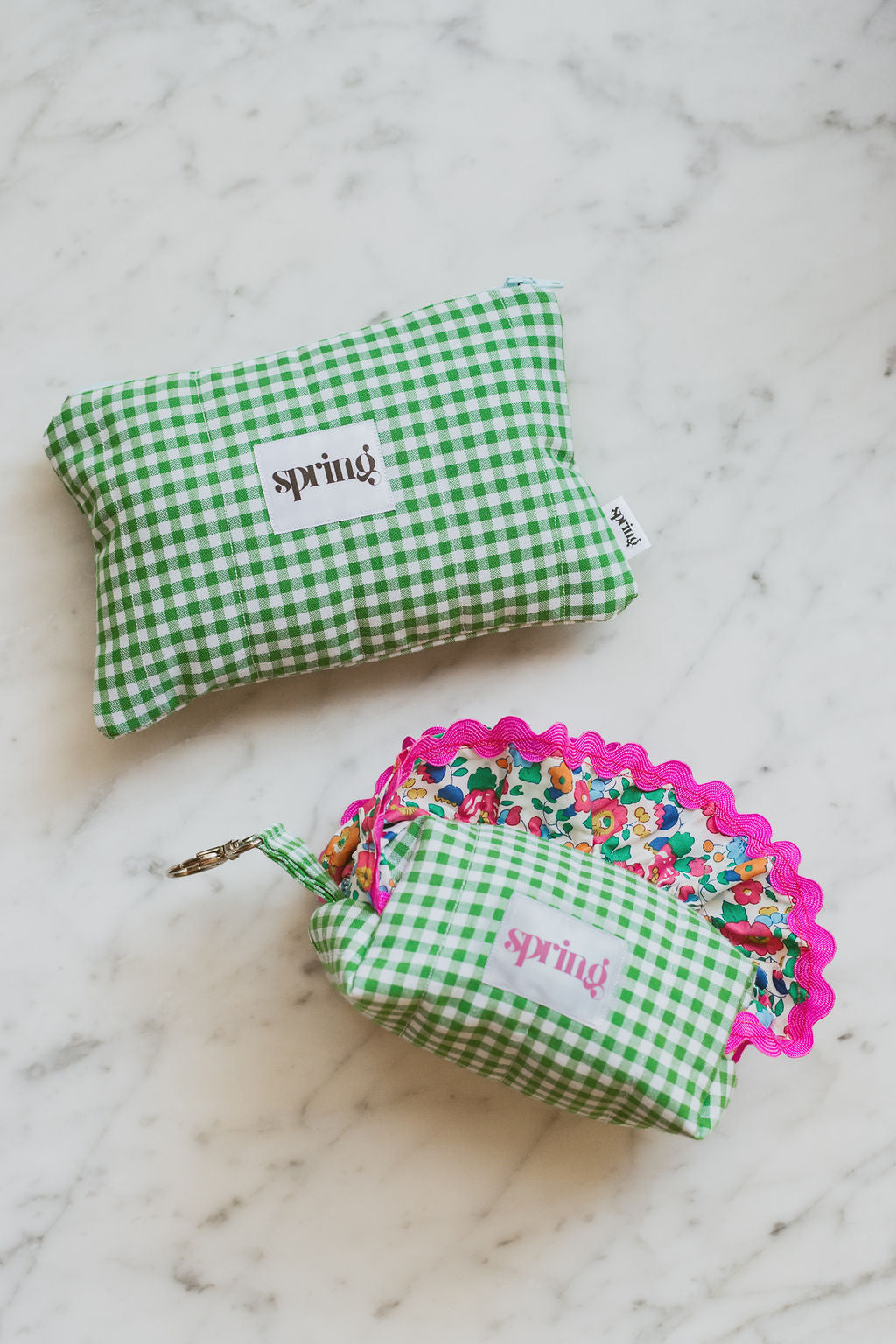 green gingham make-up bag