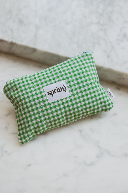 green gingham make-up bag