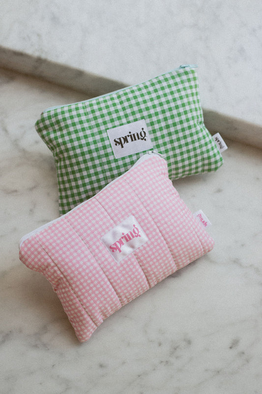 green gingham make-up bag